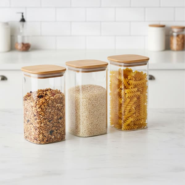 Förvaringsburkar i glas, bambulock, 1500 ml, set om 3