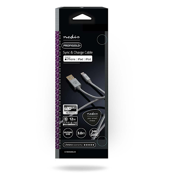Lightning Kabel | USB 2.0 | Apple Lightning, 8-stifts | USB-A Hane | 480 Mbps | Guldplaterad | 3.00 m | Rund | Flätad / Nylon | Aluminium | Kartong me