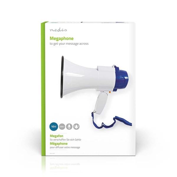 Megafon | Maksimum rækkevidde: 250 m | Maksimal volumenkontrol: 115 dB | Indbygget mikrofon | Indbygget sirene | Optagefunktion | Blå / Hvid