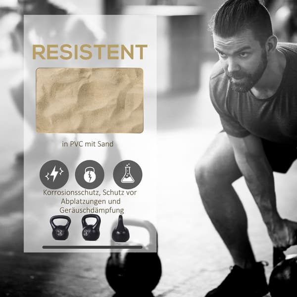 12 kg sandfyldt kettlebell, sort, plastik, begyndervenlig