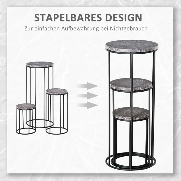 Blomsterstativ Sæt Med 3 Plantestativer I Marmorlook, Stabelbare Blomsterskamler, Dekorative