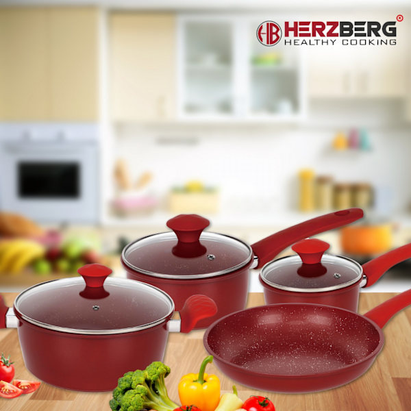 Herzberg HG-04715RED: 7 stykker marmorbelagt støbejern køkkengrej sæt - rød