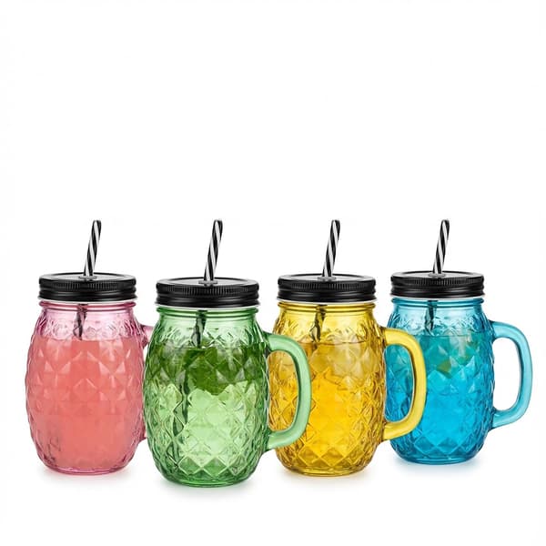 Ananasglas med lock och sugrör, set om 4