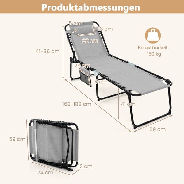 Sammenklappelig liggestol med justerbar ryglæn, grå