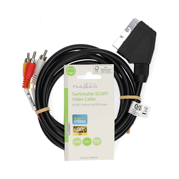 SCART-kaapeli | SCART Uros | 3x RCA-uros | Nikkelipinnoitettu | Vaihdettava | 480p | 2,00 m | Pyöreä | PVC | Musta | Label