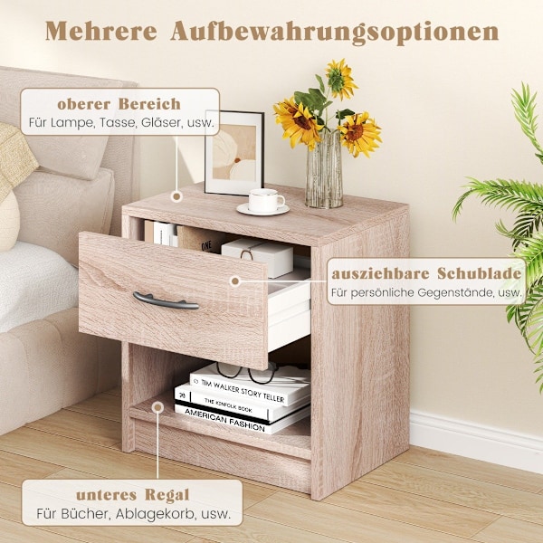 Sengebord med skuffe Lille sidebord med åbent rum 38,5 x 28 x 40,5 cm natur