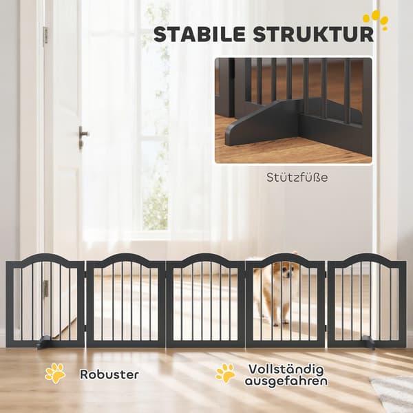 Fritstående hundegitter, foldbart, 5 paneler, sort, 261,5x29,5x61 cm