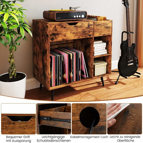 Pladespillerstativ pladeskab med stik & USB & Type C 79,5 x 40 x 79 cm Rustik brun