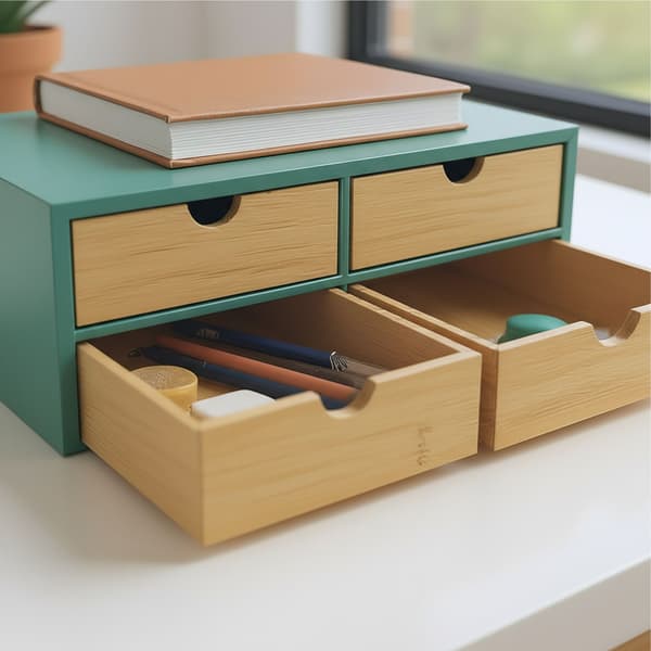 Skrivebordsarrangør med 4 bambusskuffer
