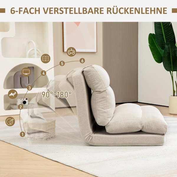 Foldbar gulvstol, med 6-trins justerbart ryglæn, tyk sædepolstring, sengefunktion, hørlook, 70 x 41 x 56 cm, brun