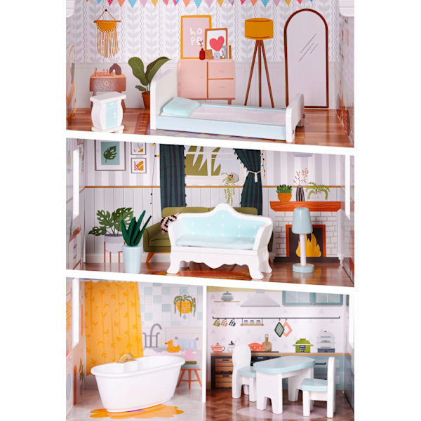 Alice Dollhouse – 3 våningar, 4 rum, set med 9 möbler ECOTOYS