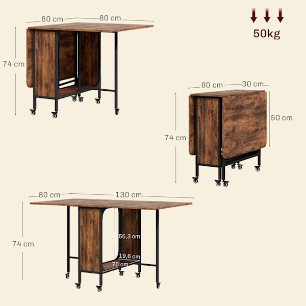 Fällbart matbord Köksbord för 6 personer med öppen hylla Mobilt hopfällbart bord Matsalsbord för små rum, matsal, kök 130 x 80 x 74 cm Rustikbrun Aoso