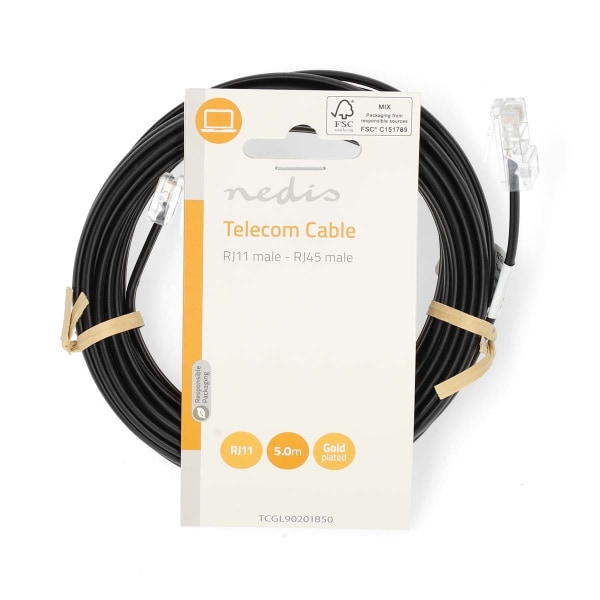 Telecom förlängningskabel | RJ11 Hane | RJ45 hane | 5.00 m | Kabelns utformning: Platt | Plätering: Guldplaterad | Kabeltyp: RJ11 | Svart