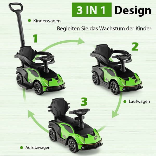 3-in-1 lasten auto työntökahvalla, vihreä