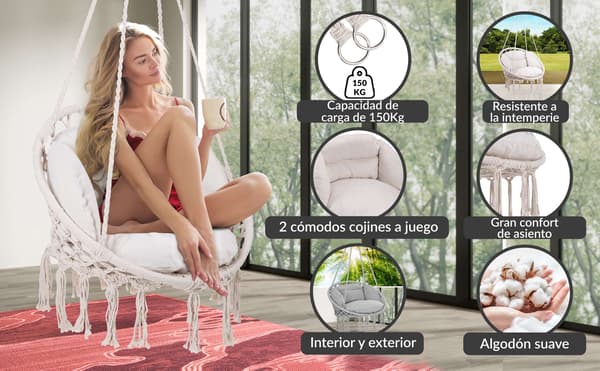 Krämfärgad boho hängstol med kuddar, inomhus/utomhus