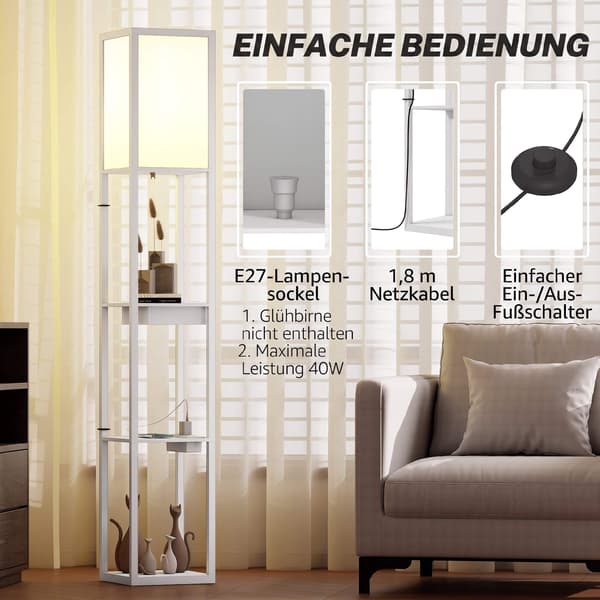 Gulvlampe med 3-lags hylde, USB-porte, hvid MDF