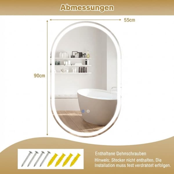 Oval LED-badrumsspegel, 90x55 cm, imfri, dimbar