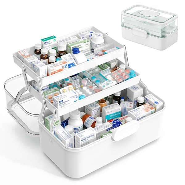 Medicinförvaringslåda – Utfällbar, 5 fack, 3 nivåer