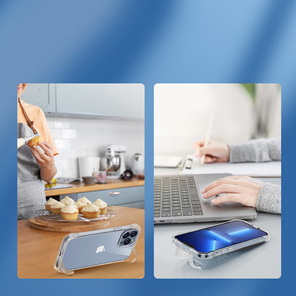 Cover til iPhone 14 Pro Max, pansret cover med kroge, stativ, gennemsigtig