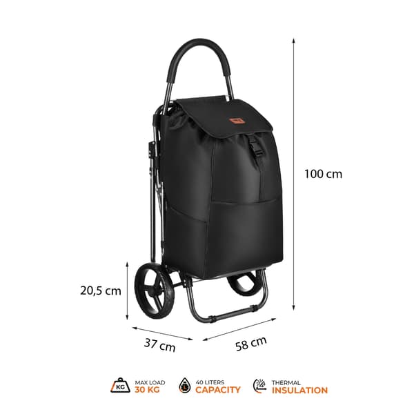 Indkøbsvogn med sæde, 40L, sort, stålramme