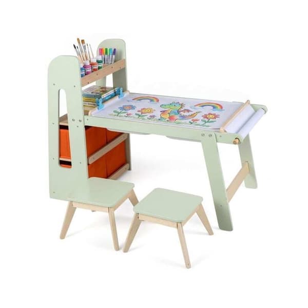 Sensoriskt konstbord för barn med 2 pallar och pappersrulle, grönt
