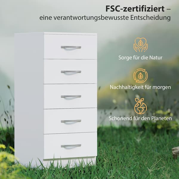 Hvid kommode med 5 skuffer, spånplade, pladsbesparende design