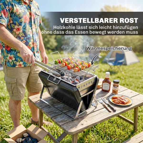 Bærbar kulgrill i rustfrit stål, foldbare ben, 40x28x25,5 cm