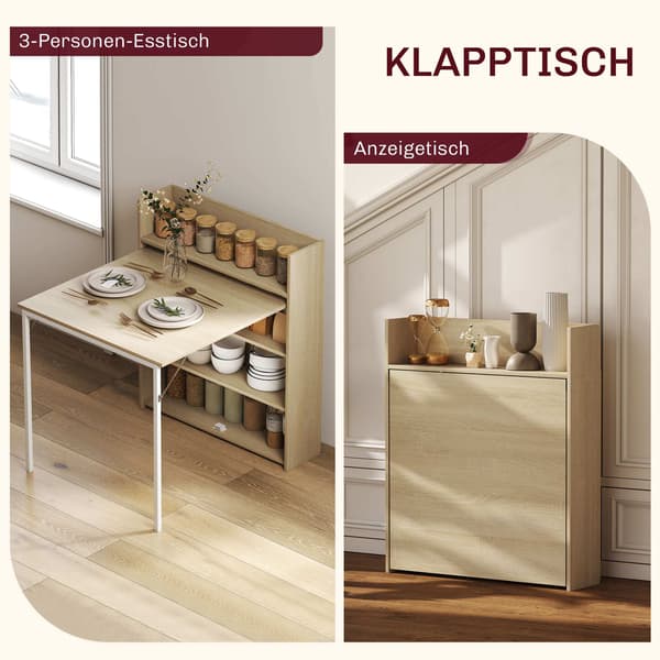 Hopfällbart matbord med hyllplan, industriell design, ek, platsbesparande