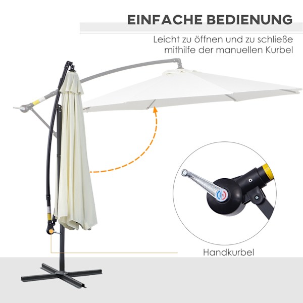 Parasol Cantilever Parasol Med Håndsving, Stålramme & Polyester Stof, Creme, Ø3X2,5M