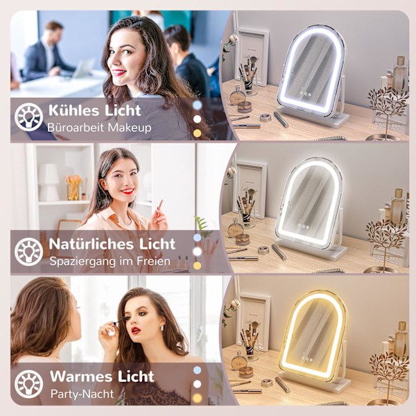 Sminkspegel, 33 x 44,5 cm sminkspegel med LED-ljus, 3 ljusfärger, 360° vridbar sminkspegel med touchkontroll, metallram, vit