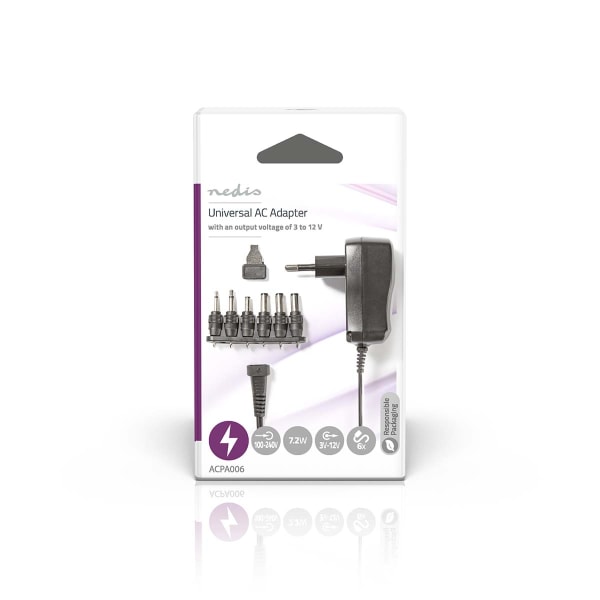 Universal nätadapter | 7.2 W | 3 - 12 V DC | 1.80 m | 1.0 A A | 6 plug(s) | Svart