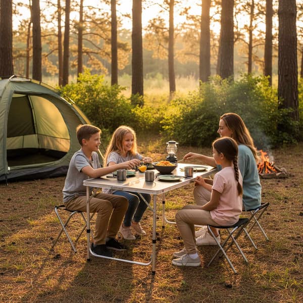 Hopfällbart campingbord med 4 pallar, justerbar höjd