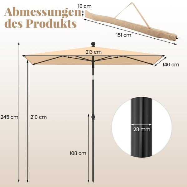 Rektangulær balkonparasol 210x140 cm, beige, justerbar