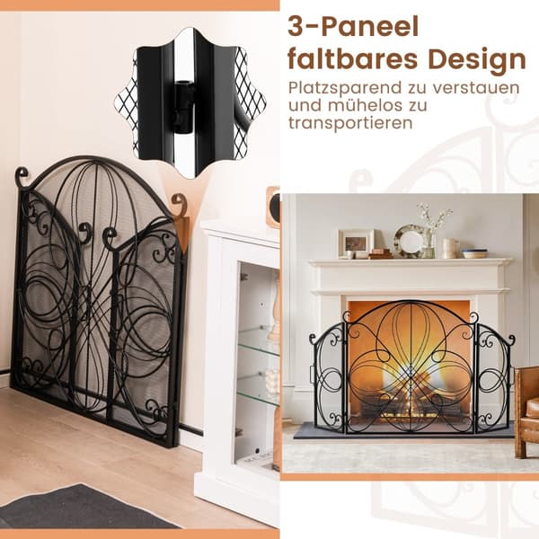 Hopfällbar eldstadsskärm med 3 paneler, blommigt metallnät, 151x83 cm
