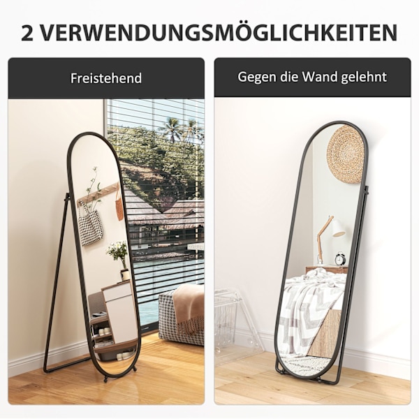 Spejl i fuld længde, 160 x 40 cm vægspejl med stativ, metalramme, ovalt stående spejl til stue, soveværelse, sort |