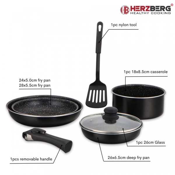 Herzberg HG-8090-7BK: 7-osainen marmoripäällysteinen keittoastiasarja
