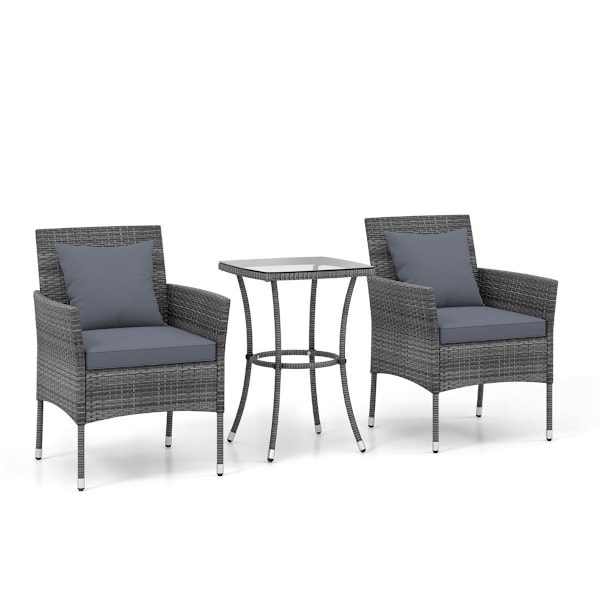 3-delt havemøbelsæt i polyrattan med glasbord og hynder. Møbelsiddegruppe i rattan. Havesæt i rattan, grå.