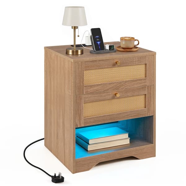 Natbord med LED-lys og ladestation, 2 skuffer