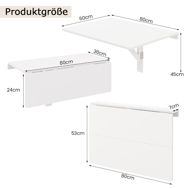 Väggmonterat hopfällbart bord Platsbesparande köksbord Fällbart väggbord 80 x 60 cm Vit