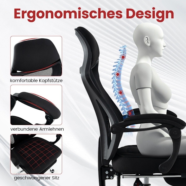 Ergonomisk kontorstol i mesh med fodstøtte og højdejusterbar lederstol med vippelig ryg