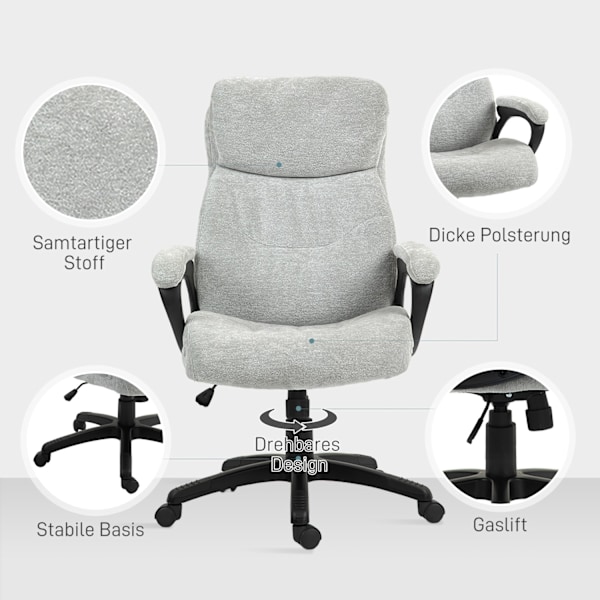 Kontorsstol med vippfunktion, ergonomisk skrivbordsstol, höj- och sänkbar snurrstol, vadderad, rymmer upp till 120 kg, för kontor, arbetsrum, ljusgrå