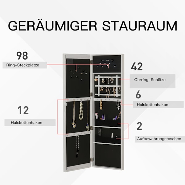 Spegelskåp LED smyckesskåp hängdörrsmontering MDF vit 36,6 x 8 x 120 cm