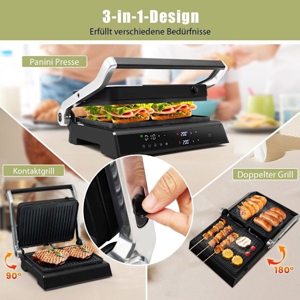 3-i-1 1800W Panini Press Grill med non-stick plader elektrisk grill