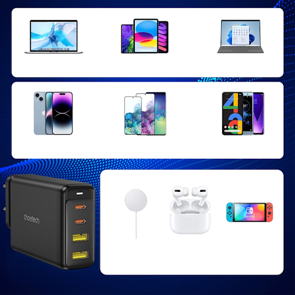GaN 140W strömförsörjningsladdare 4 portar 2x USB-C + 2x USB - svart