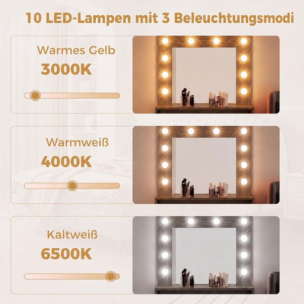 Sminkebord med spejl, LED-lys, rustik brun