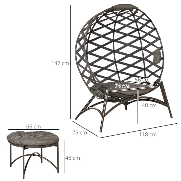 2 Stk. Havestolesæt, Kurvestol Med Foldbar Siddekurv, Inklusive 2-I-1 Skammel, Hynde, Lænestol Stål, Sand, 118 X 75 X 142 Cm