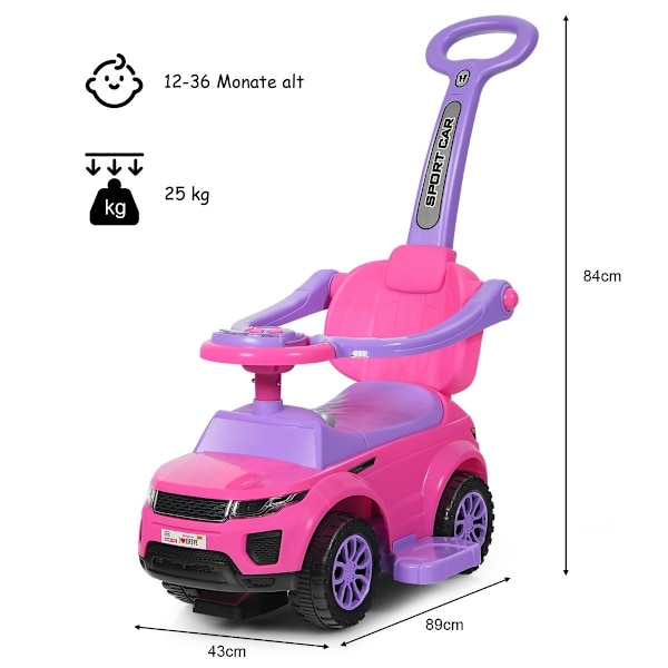 3-in-1 lasten auton työntöauto äänitorvivalolla 89 x 43 x 84 cm pinkki