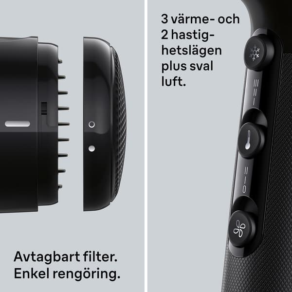 Hårtørrer 2200W, ionisk, 3 varmeindstillinger, 2 hastigheder, 2 tilbehør
