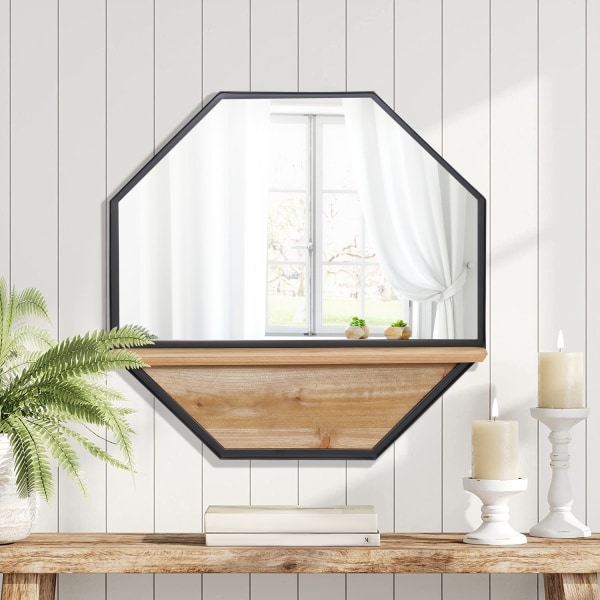 Octagon Väggspegel Med Hylla Hängande Spegel I Industriell Design För Sovrum Svart 61 X 61 Cm
