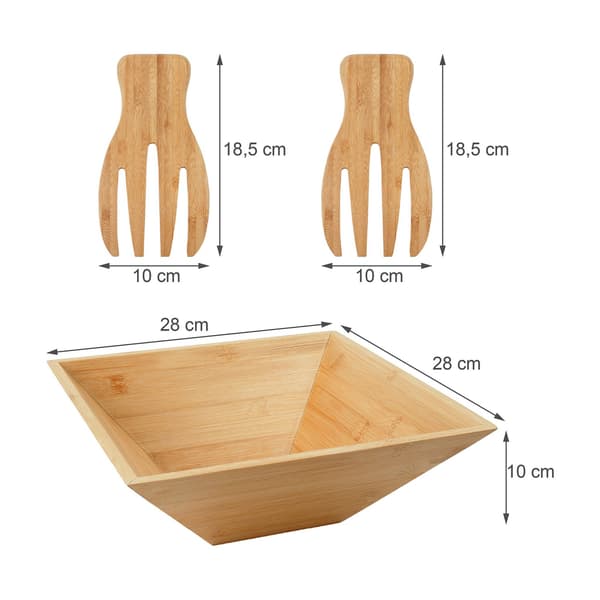 Bambu salladsskål med serveringsgafflar, fyrkantig design